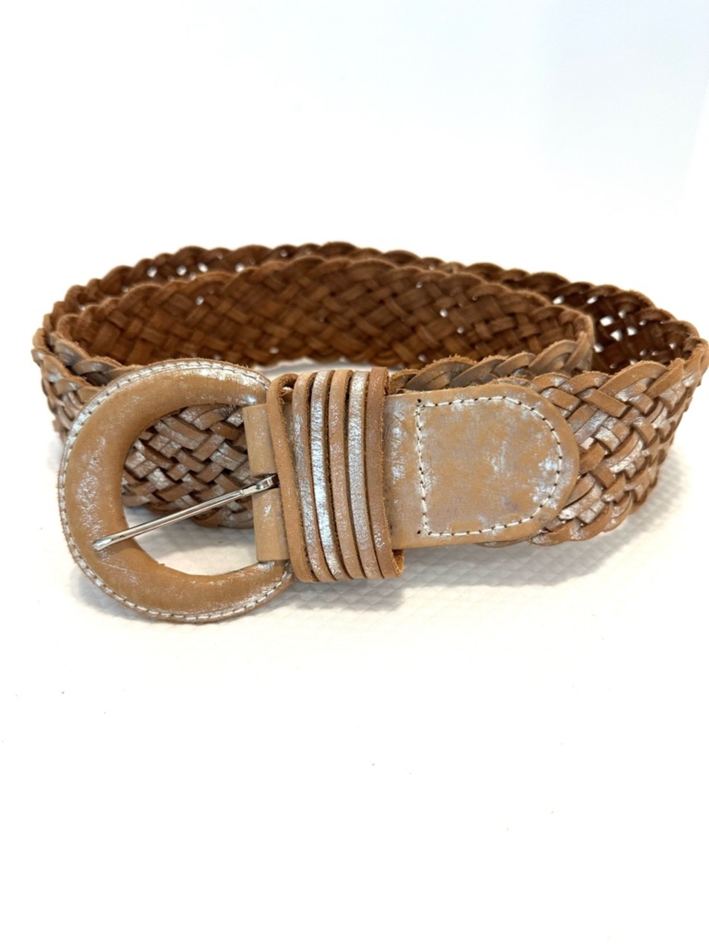 Boho Natural Tan‎ Woven Belt with Silver Rubbing XL Festival Concert Hippie